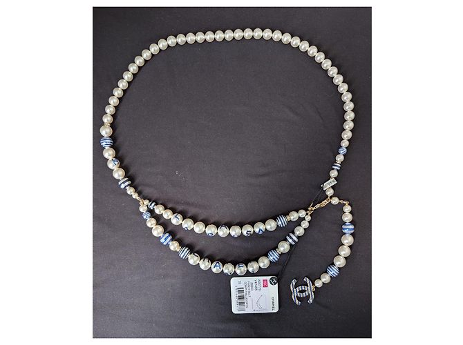 Chanel CC P19C La Pausa collana cintura logo a righe perla GHW scatola etichetta Blu - vista 2