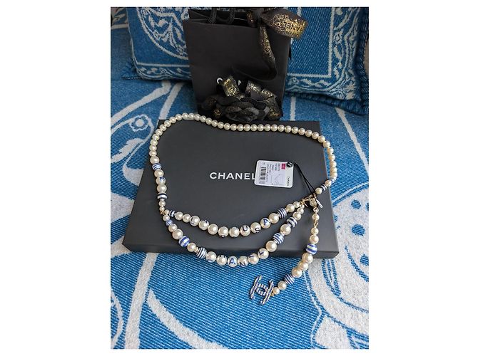 Chanel CC P19C La Pausa collana cintura logo a righe perla GHW scatola etichetta Blu - vista 4