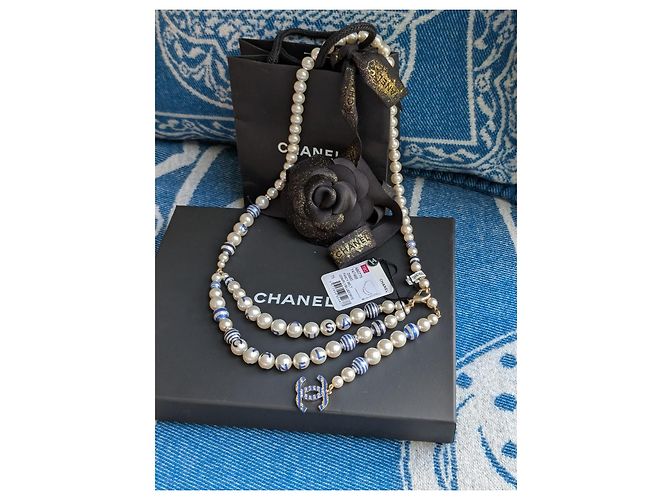 Chanel CC P19C La Pausa collana cintura logo a righe perla GHW scatola etichetta Blu - vista 5