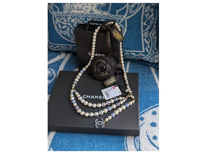 Chanel CC P19C La Pausa collana cintura logo a righe perla GHW scatola etichetta Blu - vista 6