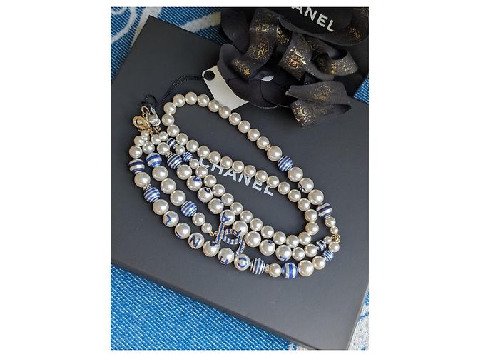 Chanel CC P19C La Pausa collana cintura logo a righe perla GHW scatola etichetta Blu - vista 8