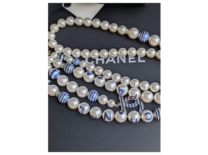 Chanel CC P19C La Pausa collana cintura logo a righe perla GHW scatola etichetta Blu - vista 9