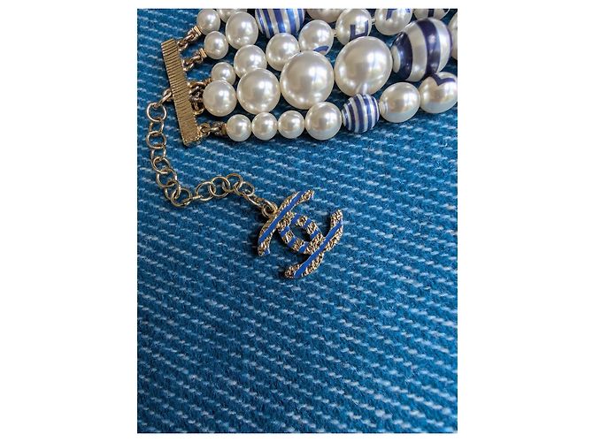 Chanel CC P19C Logo La Pausa Crociera Bracciale di Perle Striate scatola etichetta Blu - vista 13