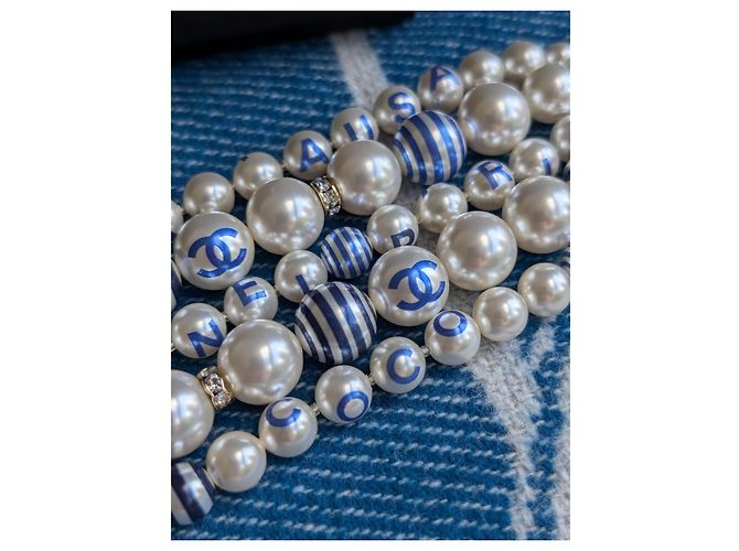 Chanel CC P19C Logo La Pausa Crociera Bracciale di Perle Striate scatola etichetta Blu - vista 7