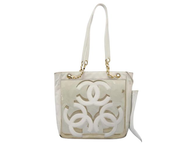 CHANEL Bolsa Tote Triple Coco Cadena Vinilo Cuero Blanco Oro CC Auth bs23423 Dorado - vista 10