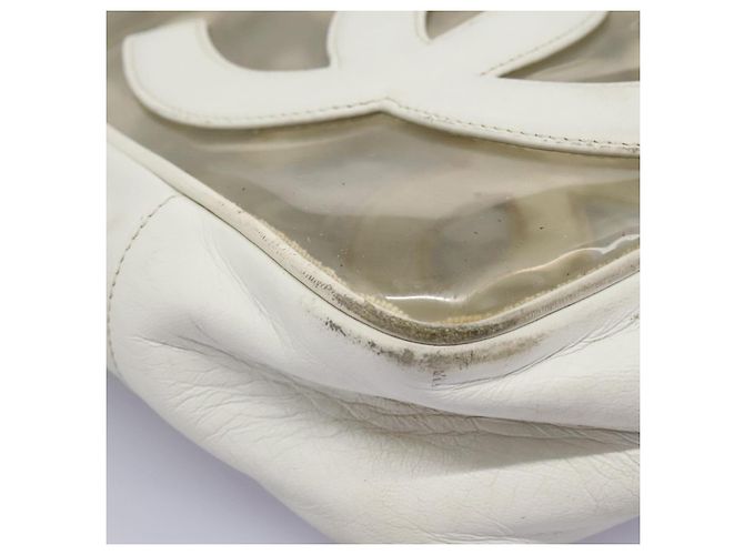 CHANEL Bolsa Tote Triple Coco Cadena Vinilo Cuero Blanco Oro CC Auth bs23423 Dorado - vista 13