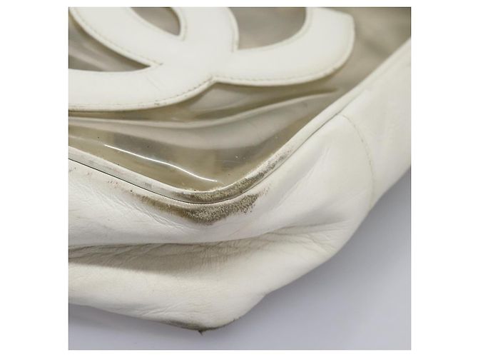 CHANEL Bolsa Tote Triple Coco Cadena Vinilo Cuero Blanco Oro CC Auth bs23423 Dorado - vista 14