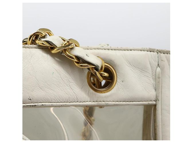 CHANEL Bolsa Tote Triple Coco Cadena Vinilo Cuero Blanco Oro CC Auth bs23423 Dorado - vista 16