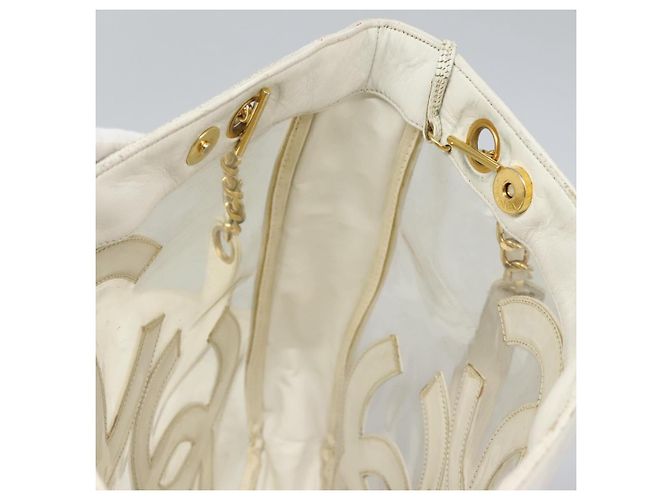 CHANEL Bolsa Tote Triple Coco Cadena Vinilo Cuero Blanco Oro CC Auth bs23423 Dorado - vista 17
