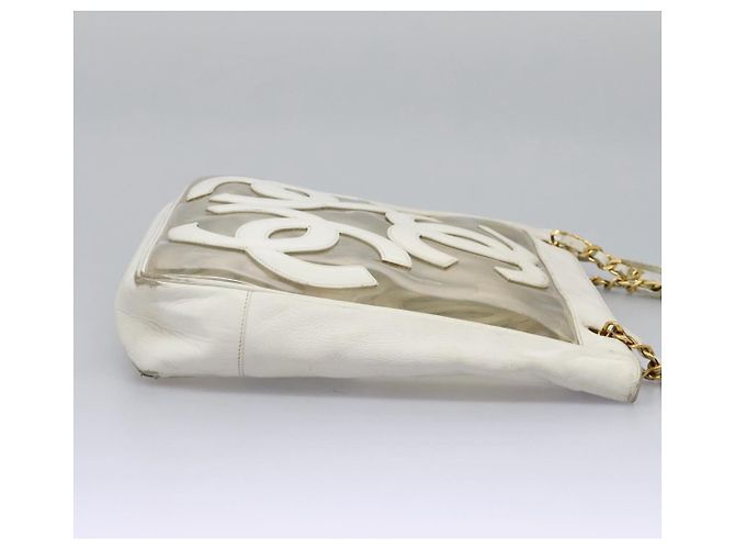 CHANEL Bolsa Tote Triple Coco Cadena Vinilo Cuero Blanco Oro CC Auth bs23423 Dorado - vista 2