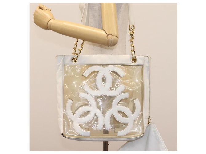 CHANEL Bolsa Tote Triple Coco Cadena Vinilo Cuero Blanco Oro CC Auth bs23423 Dorado - vista 24