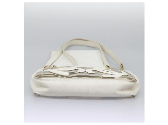 CHANEL Bolsa Tote Triple Coco Cadena Vinilo Cuero Blanco Oro CC Auth bs23423 Dorado - vista 3