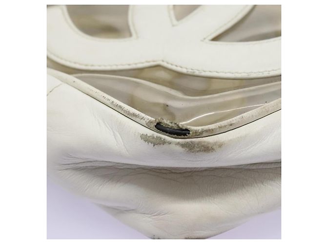 CHANEL Bolsa Tote Triple Coco Cadena Vinilo Cuero Blanco Oro CC Auth bs23423 Dorado - vista 7