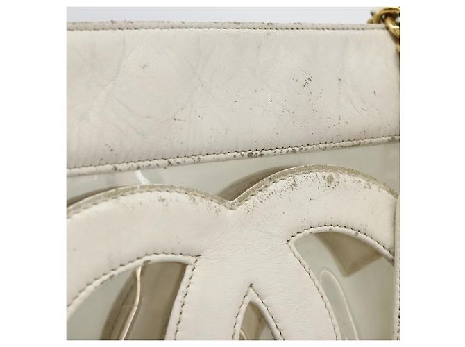 CHANEL Bolsa Tote Triple Coco Cadena Vinilo Cuero Blanco Oro CC Auth bs23423 Dorado - vista 8