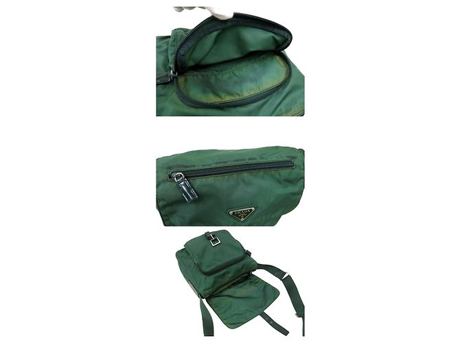 Borsa a tracolla Prada in nylon tessuto verde scuro con logo e fibbia - vista 11