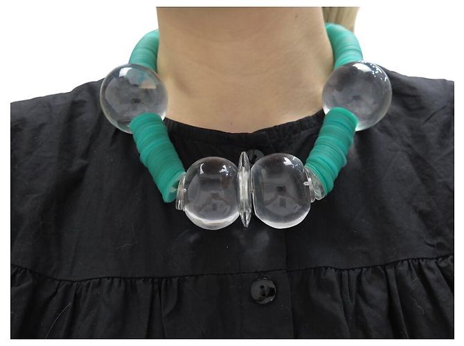 COLLANA VINTAGE CHRISTIAN DIOR CHOKER CON GRANDI PERLE TRASPARENTI Verde - vista 7