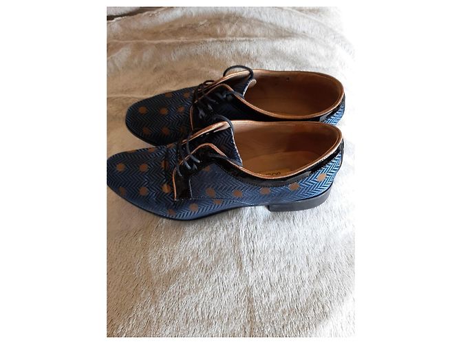 Autre Marque Scarpe stringate ricamate in pelle e tela nero blu navy - vista 2