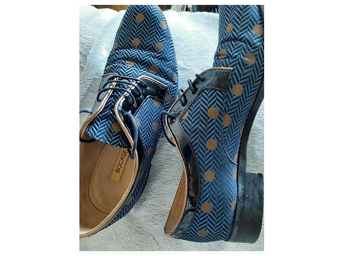 Autre Marque Scarpe stringate ricamate in pelle e tela nero blu navy - vista 5