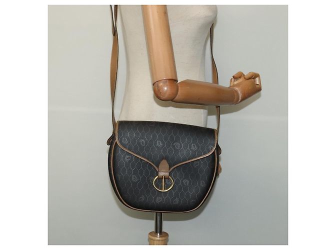 Borsa a spalla in tela a nido d'ape Christian Dior in pelle PVC nera e marrone Auth BA497 Nero - vista 20