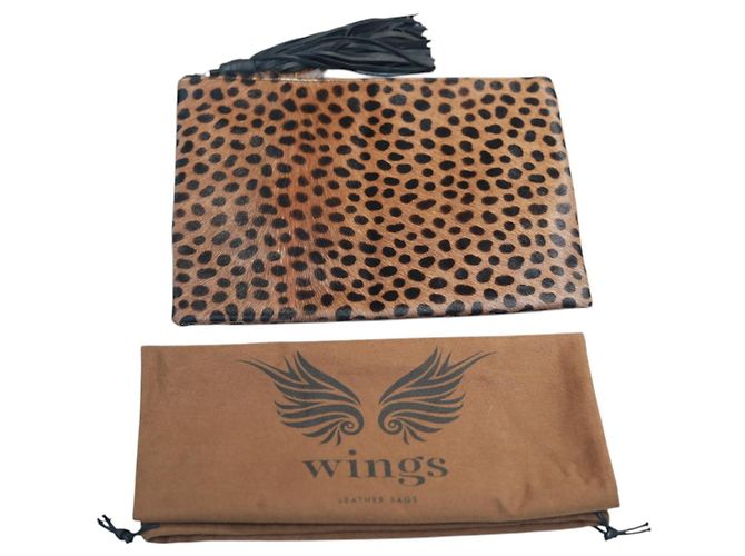 Autre Marque Clutch Wings Nora Leopardata in Pelle di Vitello Marrone Nero - vista 15
