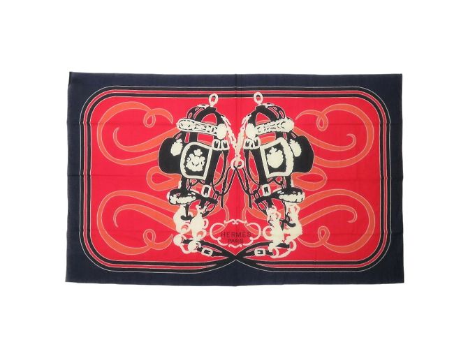 Hermès Sciarpa Muffler in Cotone Multicolore Ceremonial Bridle Hermes Nero Rosso Blu navy - vista 2