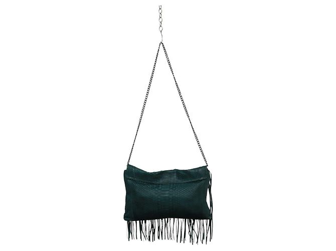 Autre Marque Wings Schultertasche aus grünem Pythonleder mit Fransen und Kette - Ansicht 2
