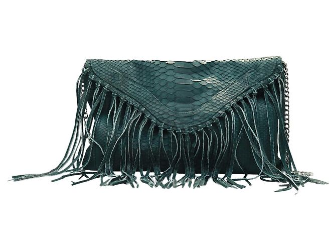 Autre Marque Wings Schultertasche aus grünem Pythonleder mit Fransen und Kette - Ansicht 3