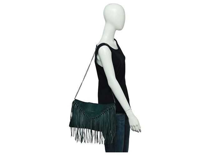 Autre Marque Wings Schultertasche aus grünem Pythonleder mit Fransen und Kette - Ansicht 9