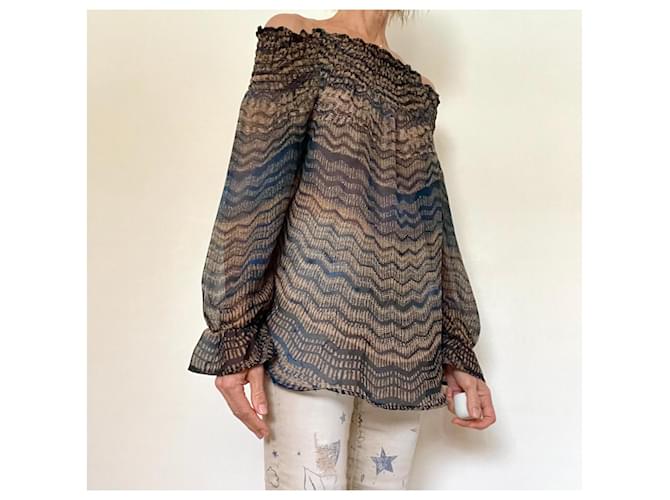 Javier Simorra Top oder Off-Shoulder-Bluse Simorra Größe 36 Braun Blau - Ansicht 8