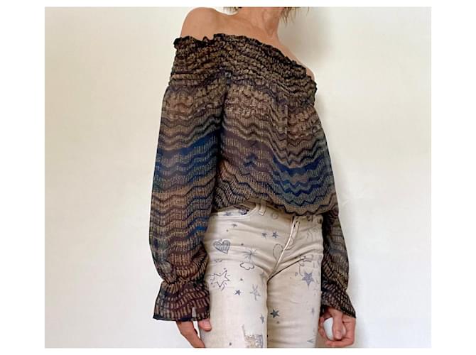 Javier Simorra Top oder Off-Shoulder-Bluse Simorra Größe 36 Braun Blau - Ansicht 9