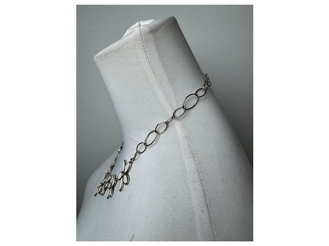 Vintage Courreges Blumenstahl Collier Silber Weiß - Ansicht 6