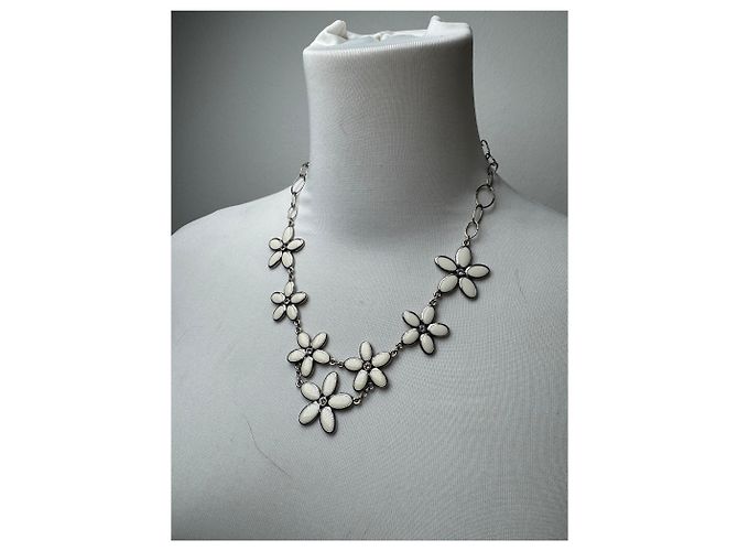 Vintage Courreges Blumenstahl Collier Silber Weiß - Ansicht 7