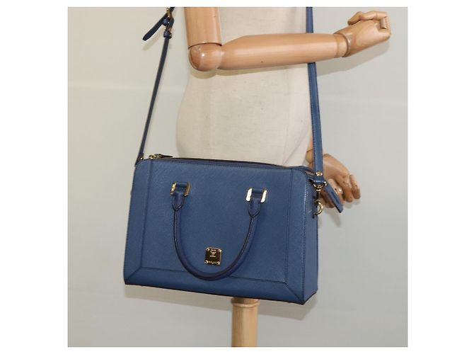 Borsa MCM in pelle Safiano 2 vie blu oro Auth BA863 D'oro - vista 27