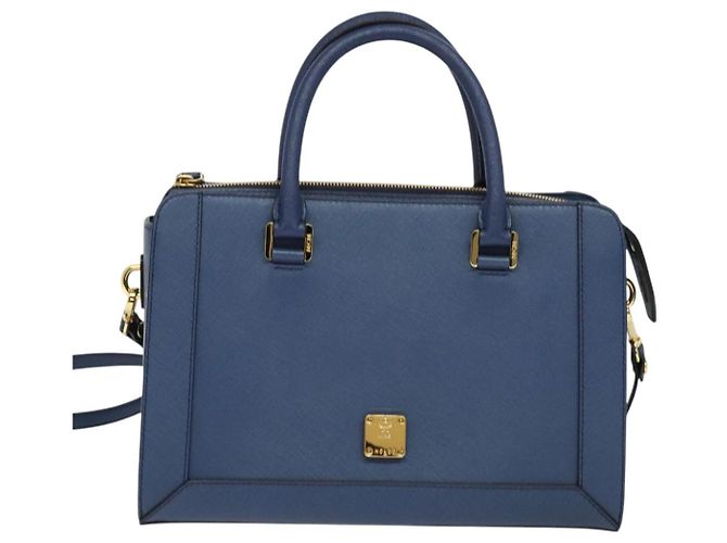 Borsa MCM in pelle Safiano 2 vie blu oro Auth BA863 D'oro - vista 3