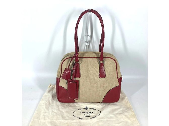 Prada Bicolor-Dreieckslogo-Plattentasche Rot Beige - Ansicht 17
