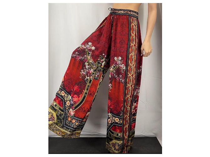 Camilla pantalones de seda anchos impresos Negro Roja Multicolor Amarillo Blanco roto Azul claro Gold hardware - vista 2