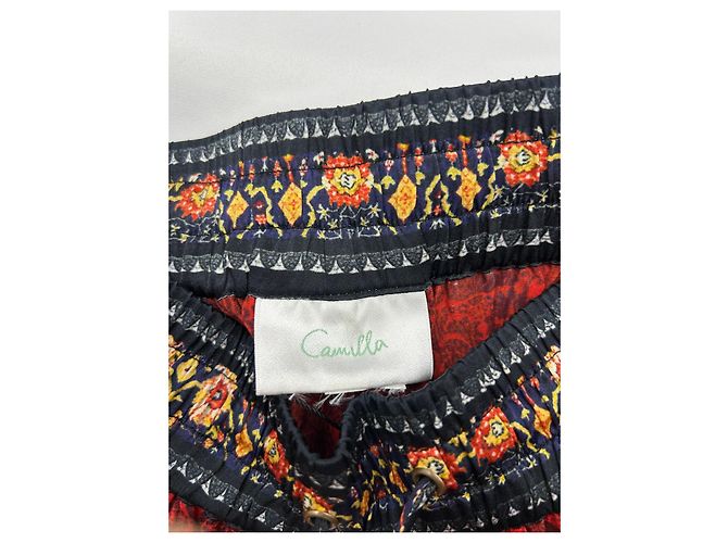 Camilla pantalones de seda anchos impresos Negro Roja Multicolor Amarillo Blanco roto Azul claro Gold hardware - vista 8