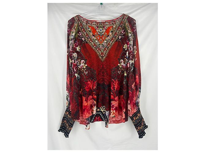 Camilla Seidenbluse mit Blumenmuster und Kristallen Weiß Rot Mehrfarben Golden Orange Aus weiß Hellblau - Ansicht 4