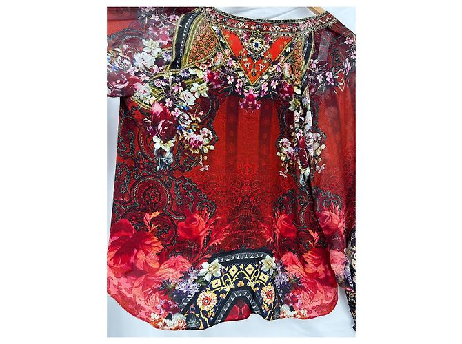 Camilla Seidenbluse mit Blumenmuster und Kristallen Weiß Rot Mehrfarben Golden Orange Aus weiß Hellblau - Ansicht 5