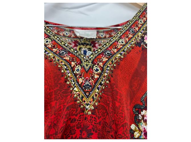 Camilla Seidenbluse mit Blumenmuster und Kristallen Weiß Rot Mehrfarben Golden Orange Aus weiß Hellblau - Ansicht 7