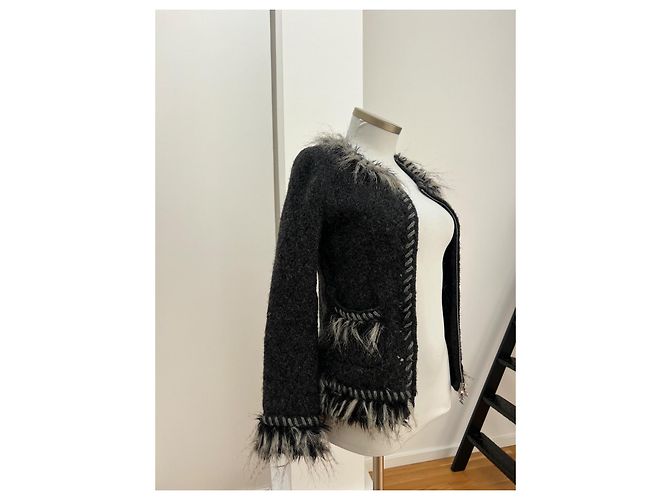 Giacca Chanel con zip in alpaca e cashmere bianca e grigia Bianco Grigio - vista 2