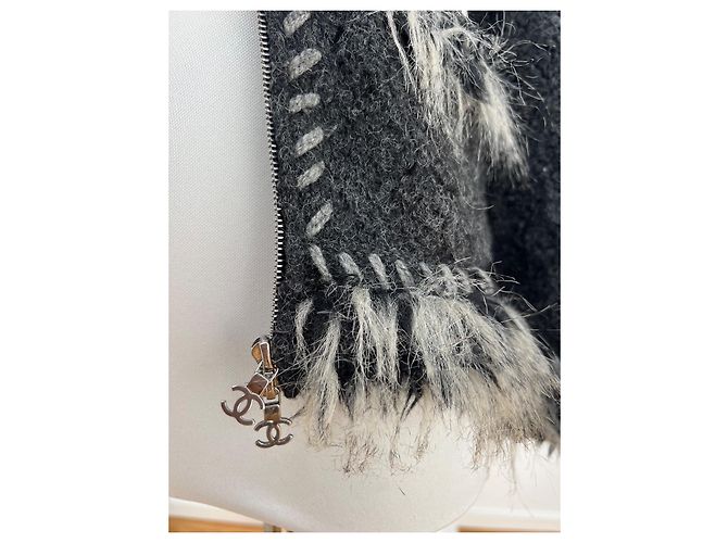 Giacca Chanel con zip in alpaca e cashmere bianca e grigia Bianco Grigio - vista 5