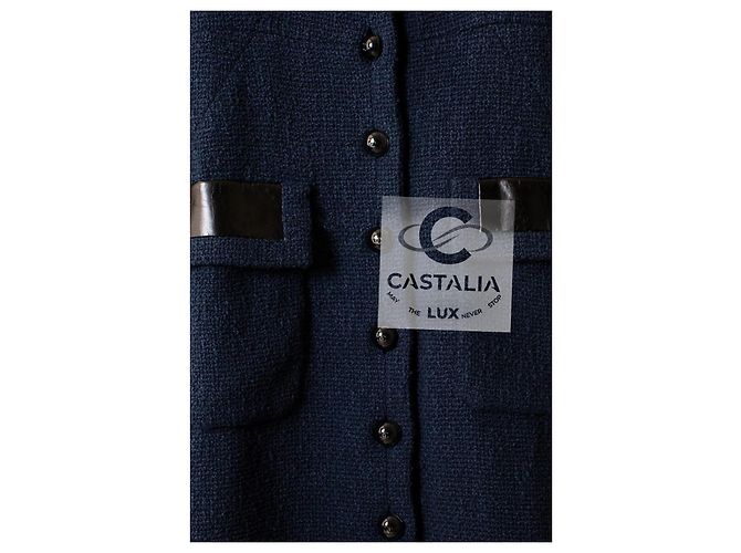Chanel Abrigo de tweed azul marino con acentos de cuero 38 FR - vista 11
