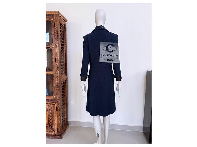 Chanel Abrigo de tweed azul marino con acentos de cuero 38 FR - vista 13