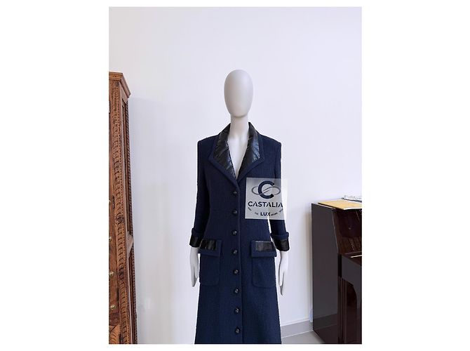 Chanel Abrigo de tweed azul marino con acentos de cuero 38 FR - vista 7