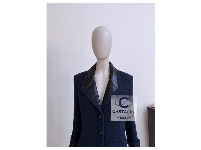 Chanel Abrigo de tweed azul marino con acentos de cuero 38 FR - vista 8