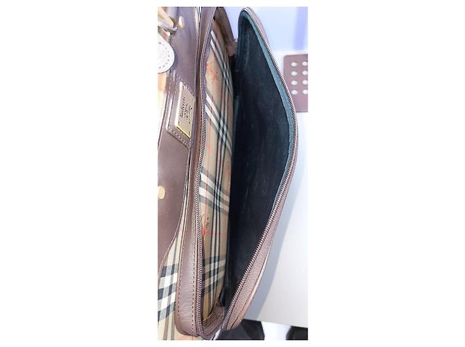 Borsa da viaggio Burberry marrone chiaro pelle e tela - vista 11