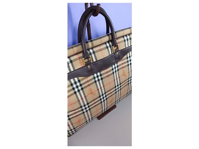 Borsa da viaggio Burberry marrone chiaro pelle e tela - vista 8