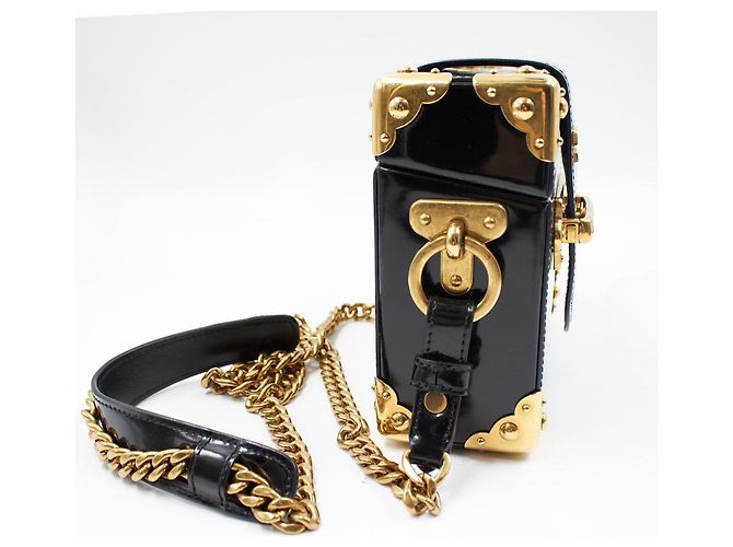 Prada Cahier Mini-Box Tasche aus schwarzem Lackleder - Ansicht 5
