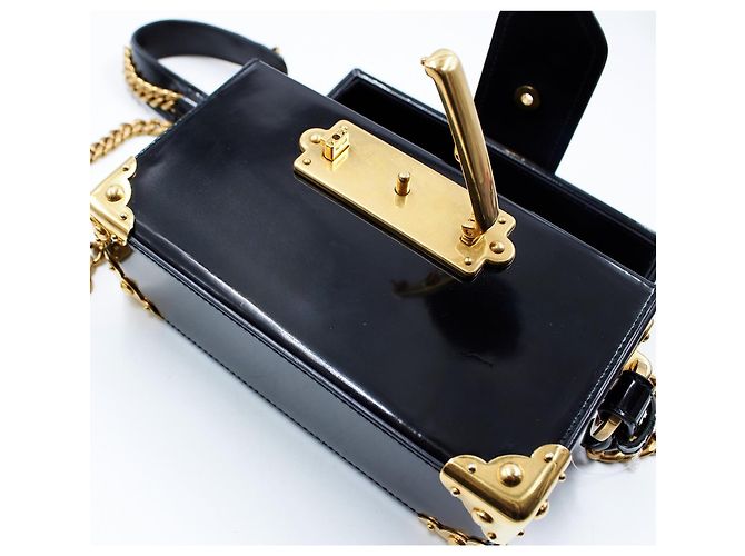 Prada Cahier Mini-Box Tasche aus schwarzem Lackleder - Ansicht 9